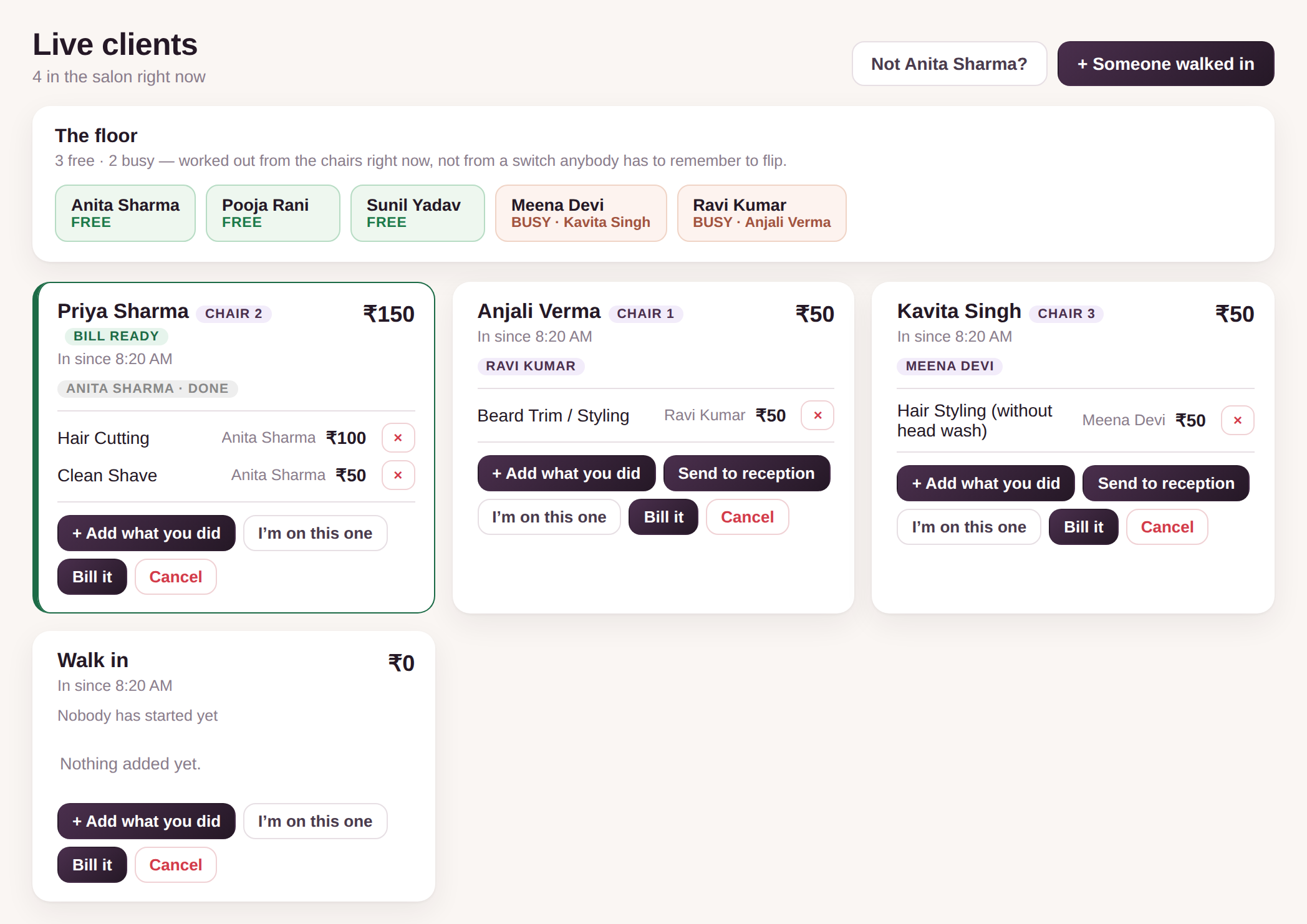 The live clients board: who is free, who is busy, and which customers are waiting to be billed.